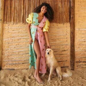 Farm Rio Mixed Print Puff Sleeve Colorblock Belted Maxi Dress Coverup